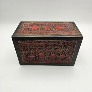 RARE Vtg Beautiful Carved Wood Box  Holds 2 Decks Of Cards Handmade In Poland